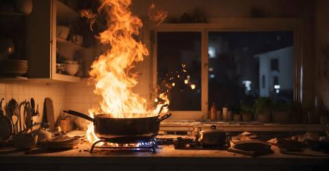 Brand in een pan in de keuken
